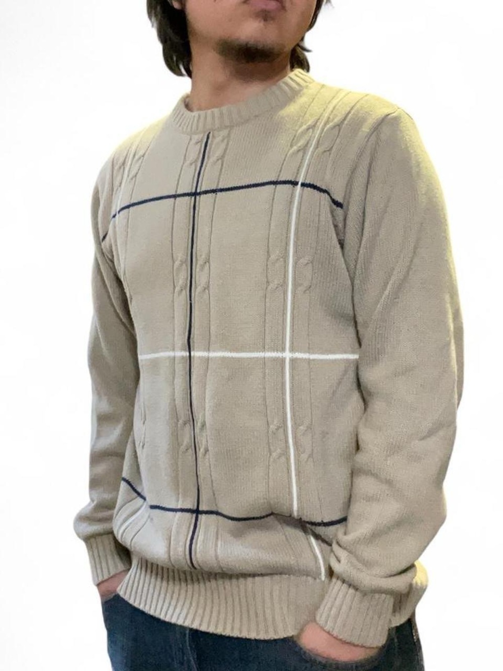 Vintage Bill Blass Men's Medium 100% Cotton Tan Windowpane Cable Knit Pullover S